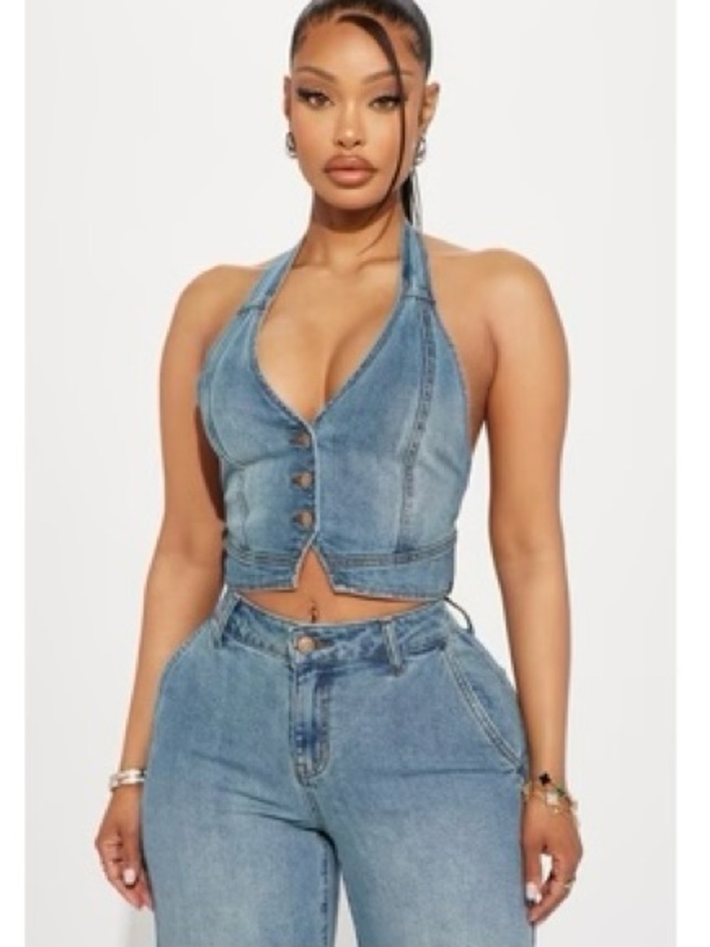 Fashion Nova Denim Halter Crop Top - Blue